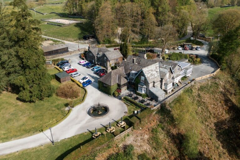 Aerial view of Broadoaks Country House wedding venue in the Lake District