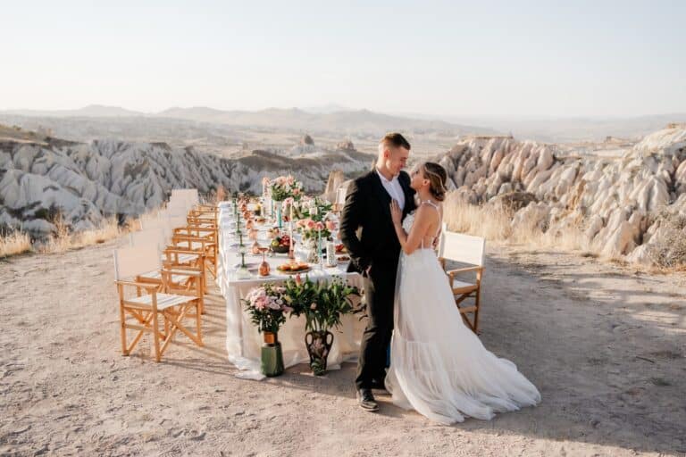 Styled wedding table with couple in the Cappadocia valley
