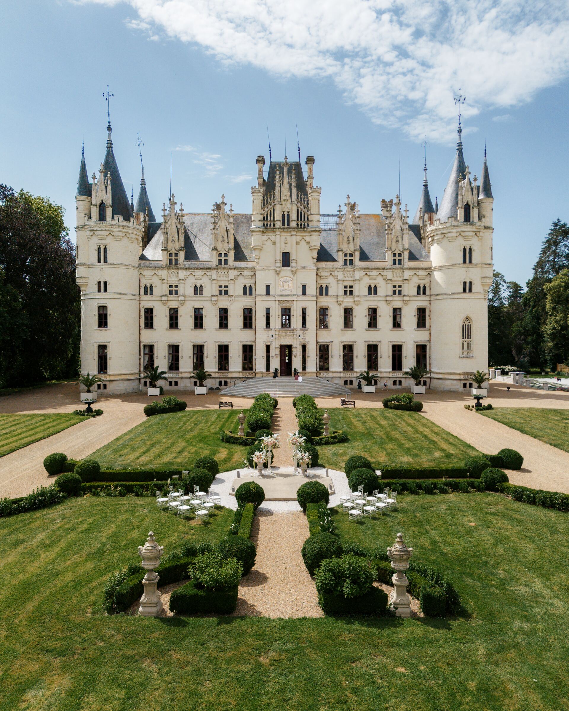 Aerial view of Château Challain wedding venue in the Loire Valley, France