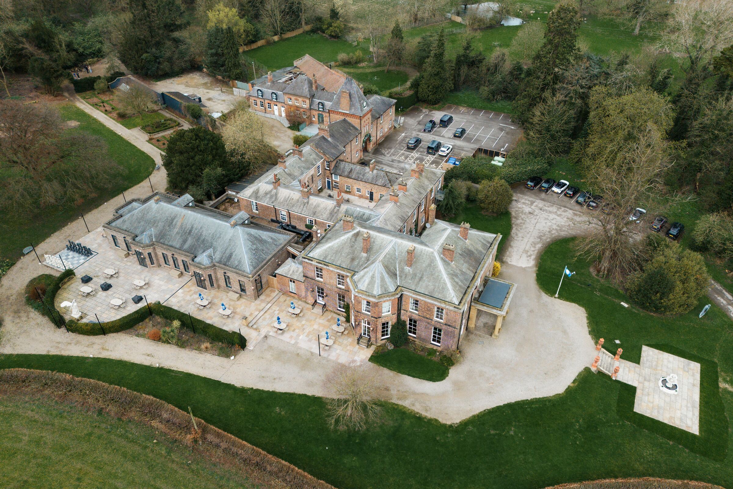 Aerial view of Solberge Hall wedding venue and grounds in North Yorkshire