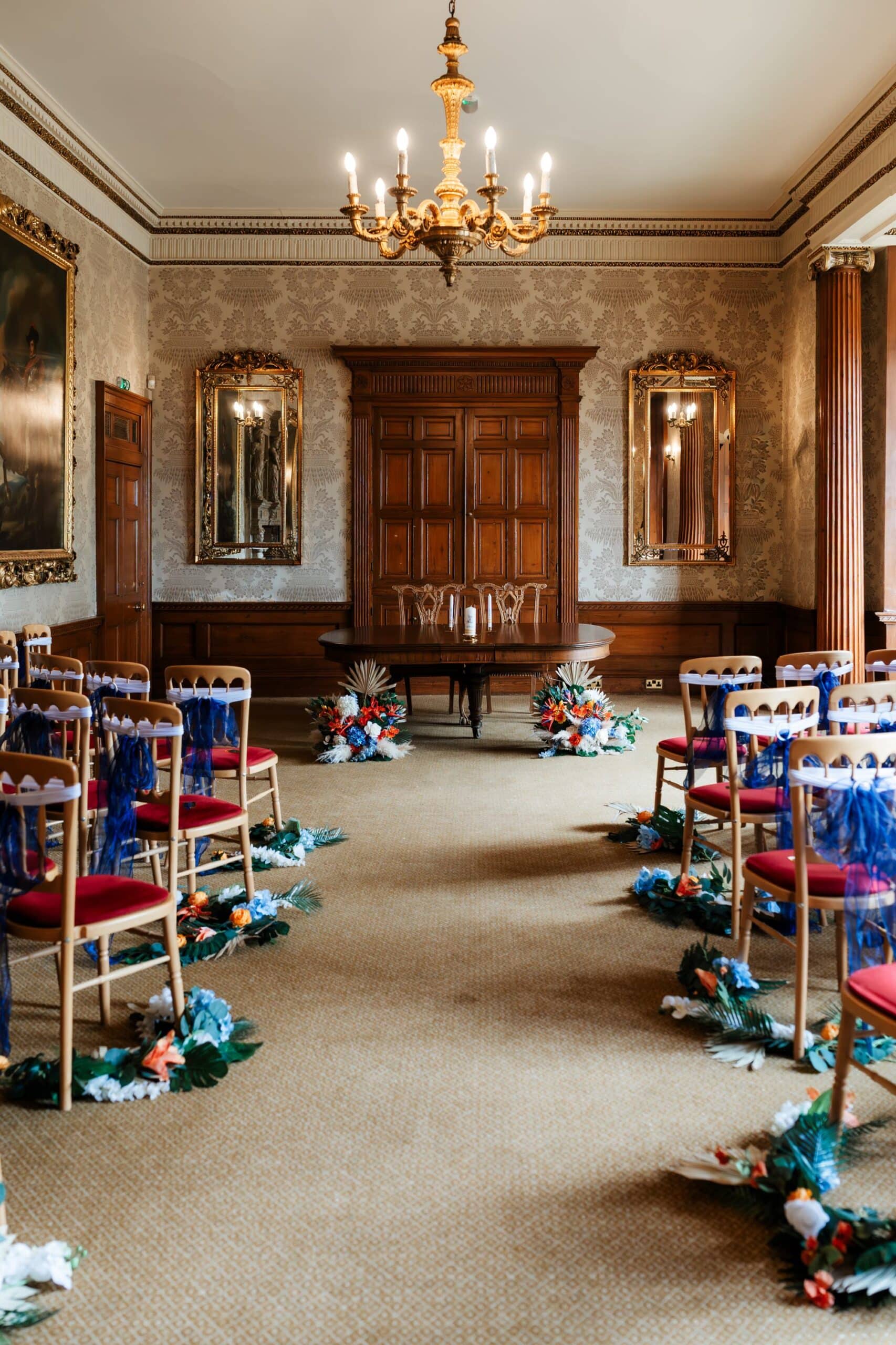 Ceremony room with chandelier at Goldsborough Hall wedding venue