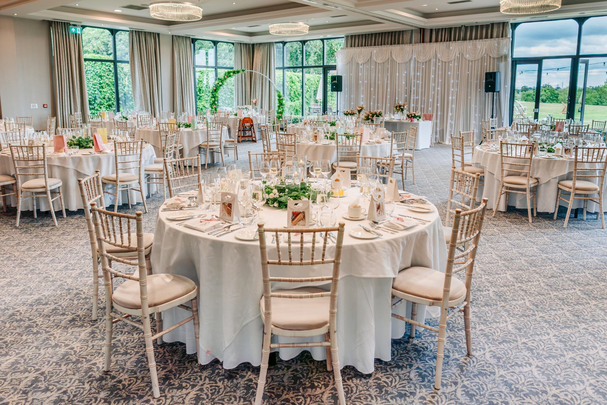 Reception room set up with round tables at Rookery Hall