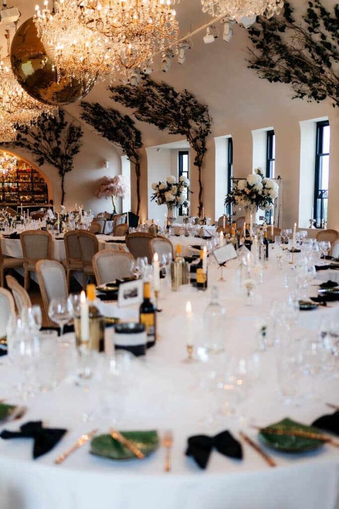 Long tables set for a wedding breakfast at Solberge Hall