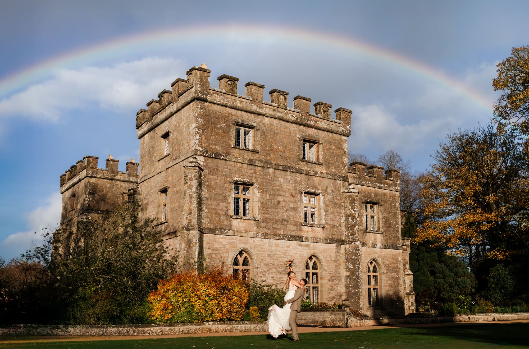 A rainbow over Clearwell Castle wedding venue