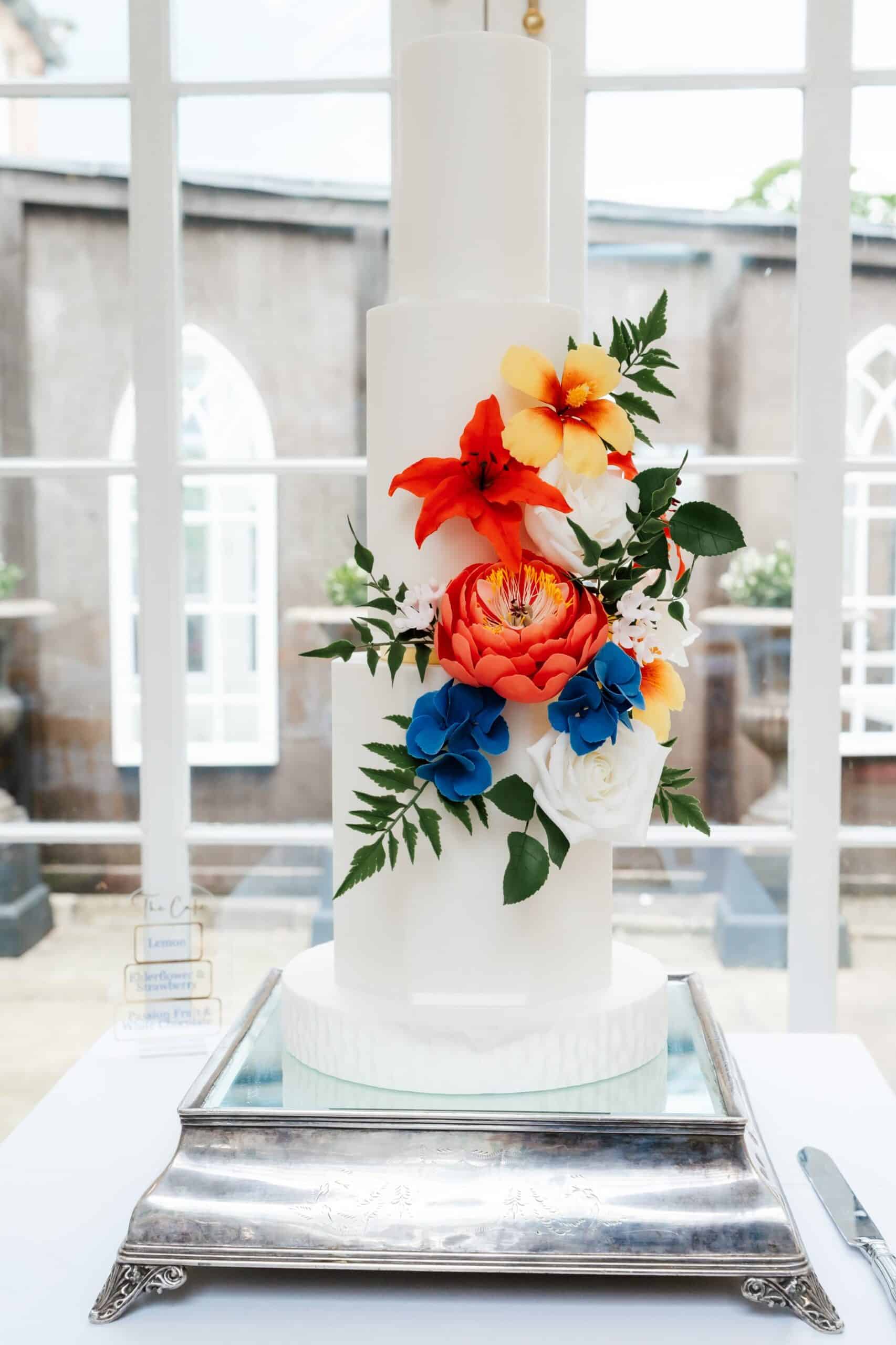 Wedding cake detail in the orangery at Goldsborough Hall wedding venue