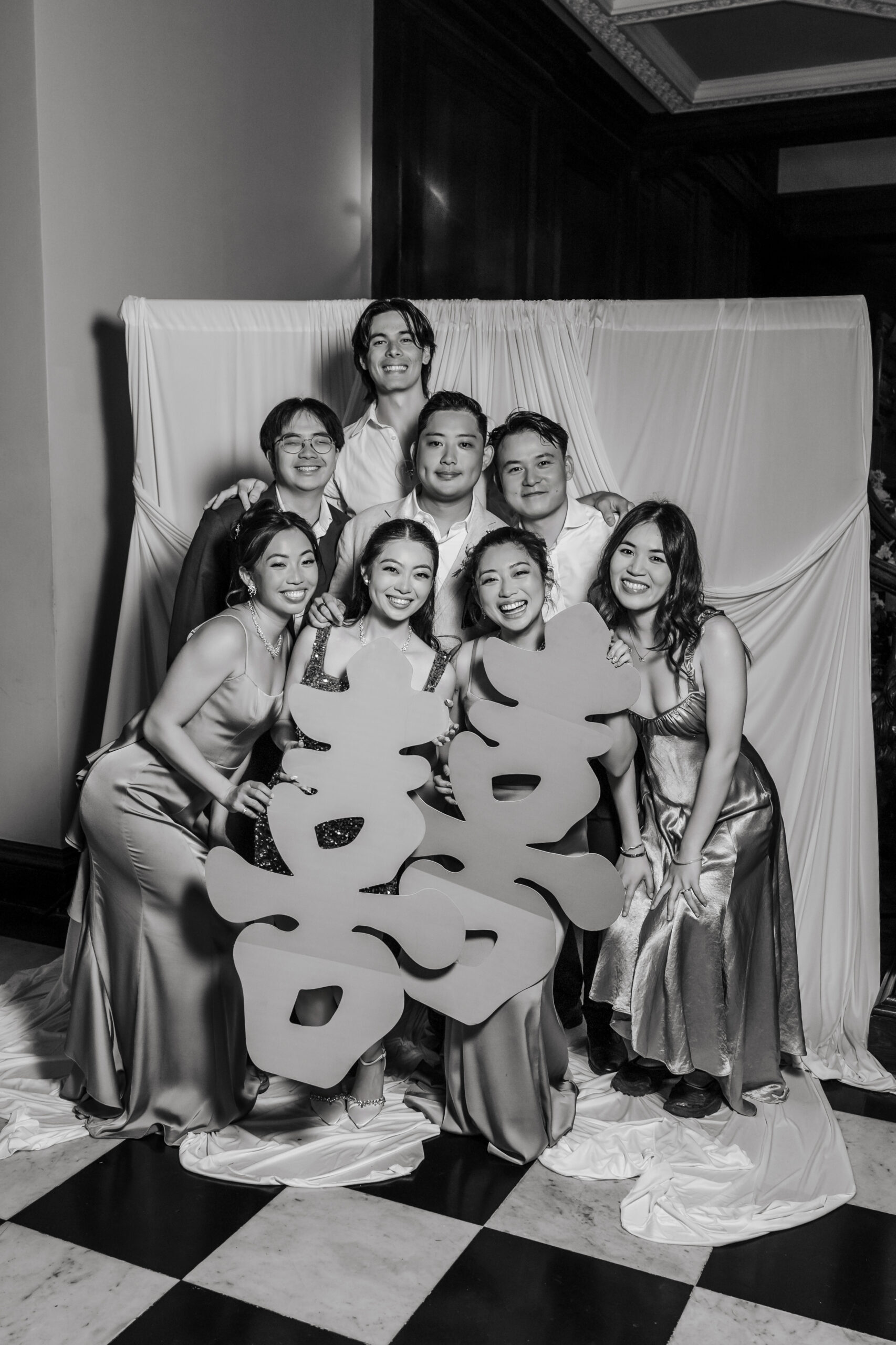 Editorial wedding portrait studio backdrop set up for reception guests